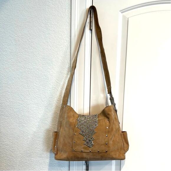 Sergio Gutierrez Handbags - Sergio Gutierrez Liquid Metal collection camel suede crossbody shoulder bag